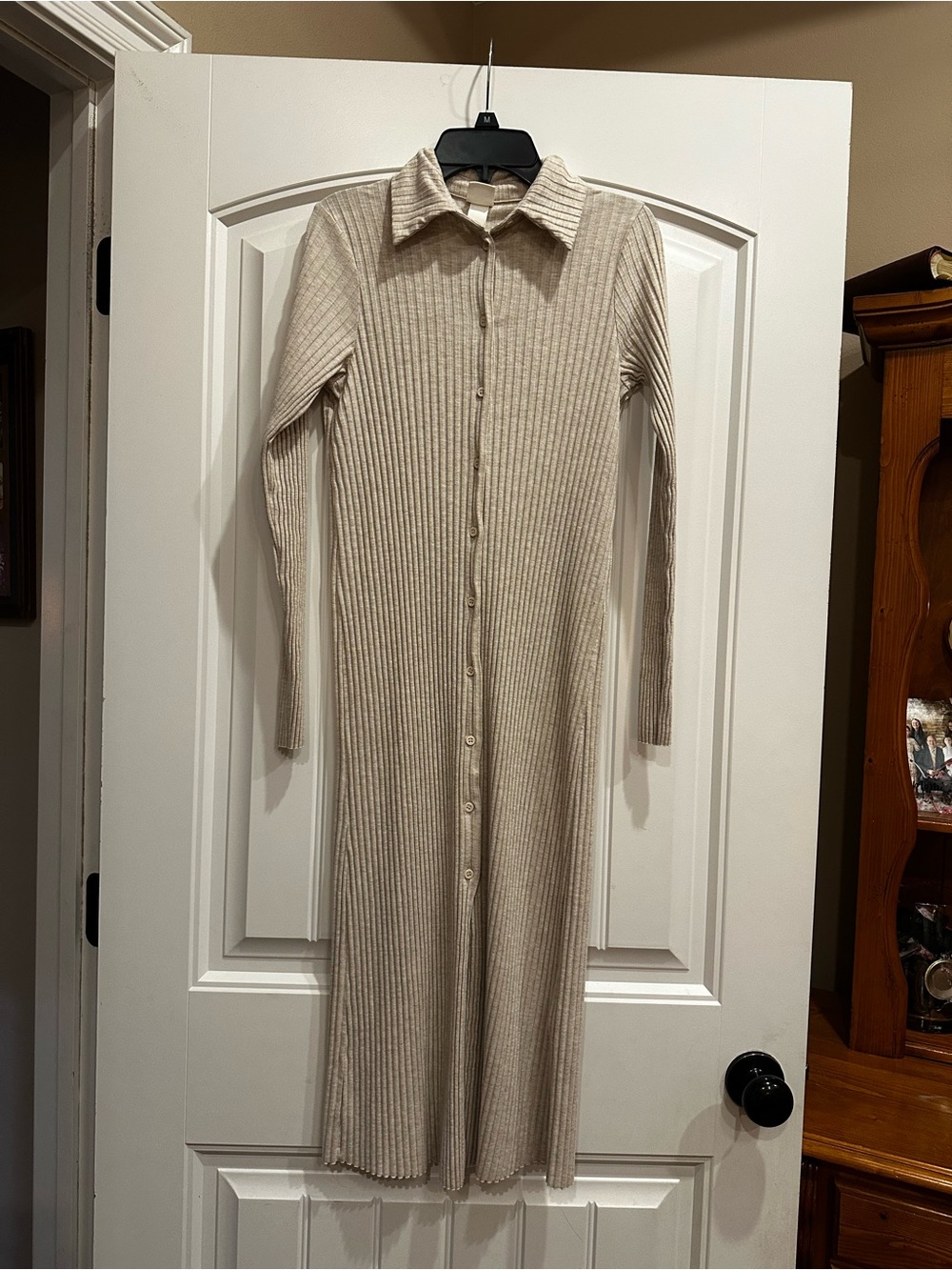 H&M Beige Ribbed Button-Front Long Sleeve Midi Dress